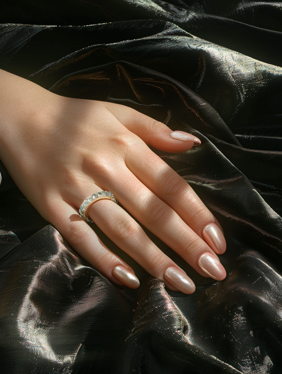 Capture a photorealistic image of Sparkling Elegance - Pink Gem Nails, bathed in the soft, diffused glow of golden hour sunlight filtering through a sheer, white curtain. The main subject is a pair of impeccably manicured hands rested gently on a surface of luxurious, matte black velvet, ensuring a striking contrast that accentuates the vivid pink hue of the nails and the multifaceted sparkle of the delicately placed gems. Opt for a Canon EOS R5 camera paired with an RF 85mm F1.2L USM lens to achieve a dreamy, yet sharp focus on the nails, blurring out the background seamlessly for a high-detail effect that brings every glint and texture to life. Incorporate a shallow depth of field to isolate the subject, highlighting the intricate details of the gemstones and the flawless finish of the nail polish. Employ the principles of global illumination to mimic the natural play of light and shadows, enhancing the dimensionality and tactile quality of the scene. Aim for a composition that is balanced yet dynamic, evoking the style of high-quality 2020s visual content reminiscent of the work of renowned fashion photographers. Ensure the image has just a hint of film grain to add texture and depth, making the scene feel like a snapshot from real life, captured in a moment of quiet elegance.