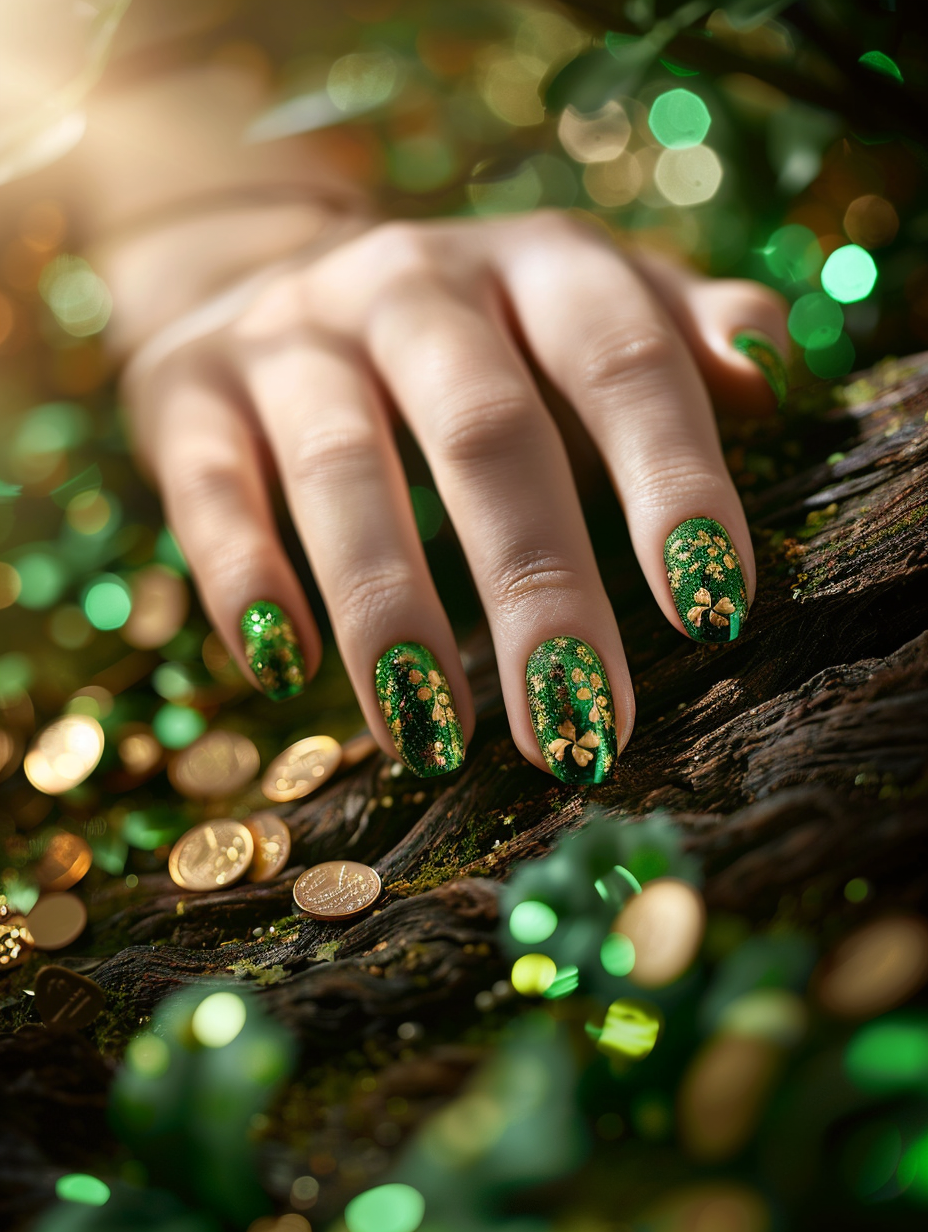 Capture a high-detail, photorealistic image of a hand flaunting a Lucky and Lively St. Patrick's Day-themed nail design. The nails should exhibit intricate patterns of shamrocks, pots of gold, and rich emerald gradients, under the glow of a soft, diffused natural light to emphasize the vibrant colors and fine details. The scene is to be shot with a Canon EOS R5, utilizing a RF 100mm f/2.8L Macro IS USM lens, to achieve breathtaking sharp focus on the nails against a blurred, creamy bokeh background of a rustic wooden table sprinkled with tiny gold coins and green glitter. Emulate the style of high-end beauty shots from the 2020s, ensuring the image possesses the depth, texture, and film grain characteristic of a Peter Lindbergh portrait. The composition's balance between the vivid nails and the subtly lit, textured background should evoke a sense of celebration and sophistication, encapsulating the essence of St. Patrick's Day in a single, captivating snapshot.