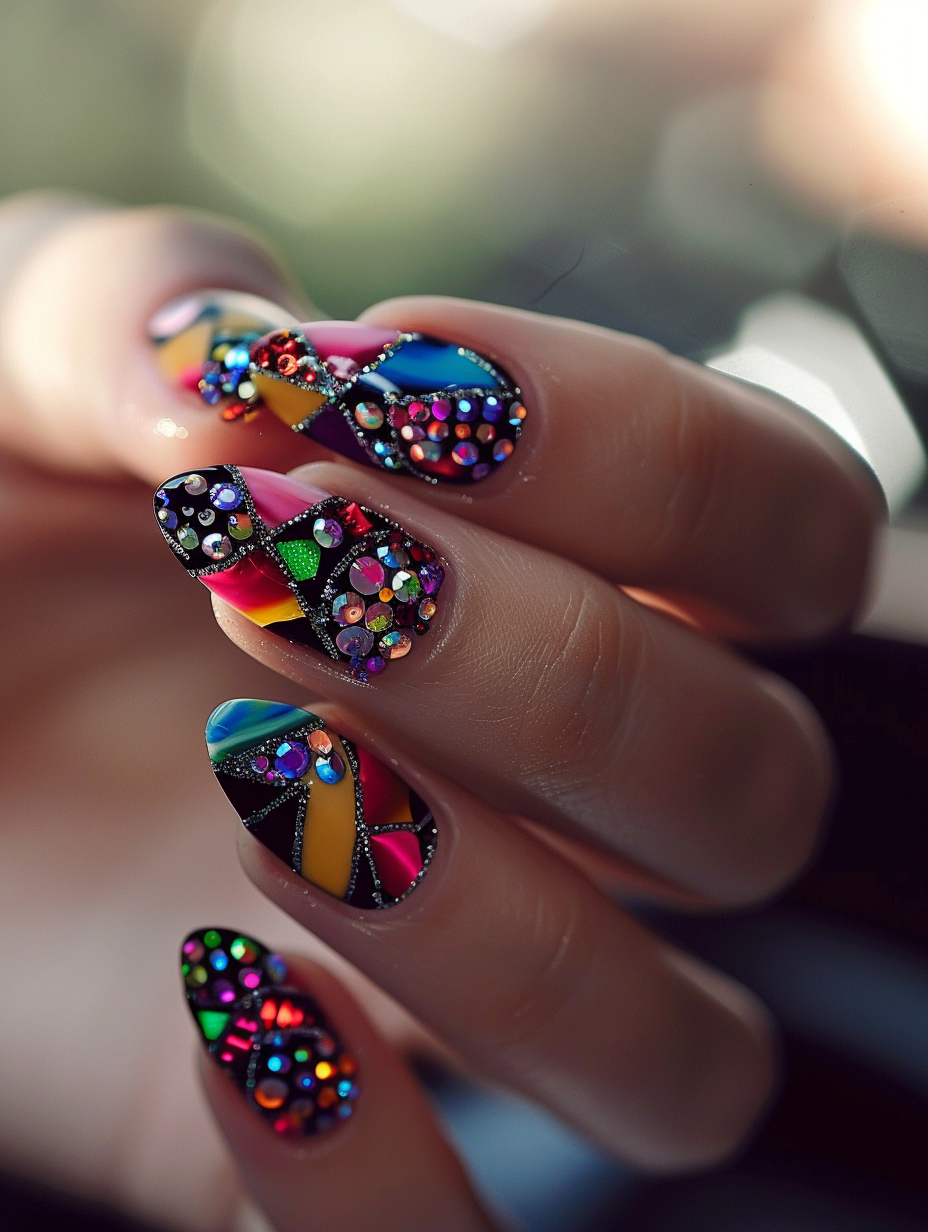 Capture a photorealistic image of Urban Chic - Basic Baddie Nails, where the main focus lies on the intricately designed, trendy nails of a young woman. Each nail is a masterpiece, featuring vivid colors, geometric patterns, and tiny, shimmering rhinestones that catch the light. Use a Canon EOS-1D X Mark III, with a 100mm f/2.8L Macro IS USM lens, to ensure high detail and sharp focus on the nails, blurring the background slightly to emphasize them. Set the scene in an urban café during golden hour, where natural light floods in from large windows, creating a warm, soft glow that highlights the complexity of the nail art and casts subtle shadows, enhancing the texture and depth. The composition balances the vibrant nails against the muted tones of the café, with a shallow depth of field keeping the viewer's attention squarely on the subject. Aim for a high-quality 2020s visual style, akin to the work of Petra Collins, emphasizing the candid, yet polished aesthetic. Incorporate a hint of film grain to add texture to the image, making it feel like a genuine snapshot from life.