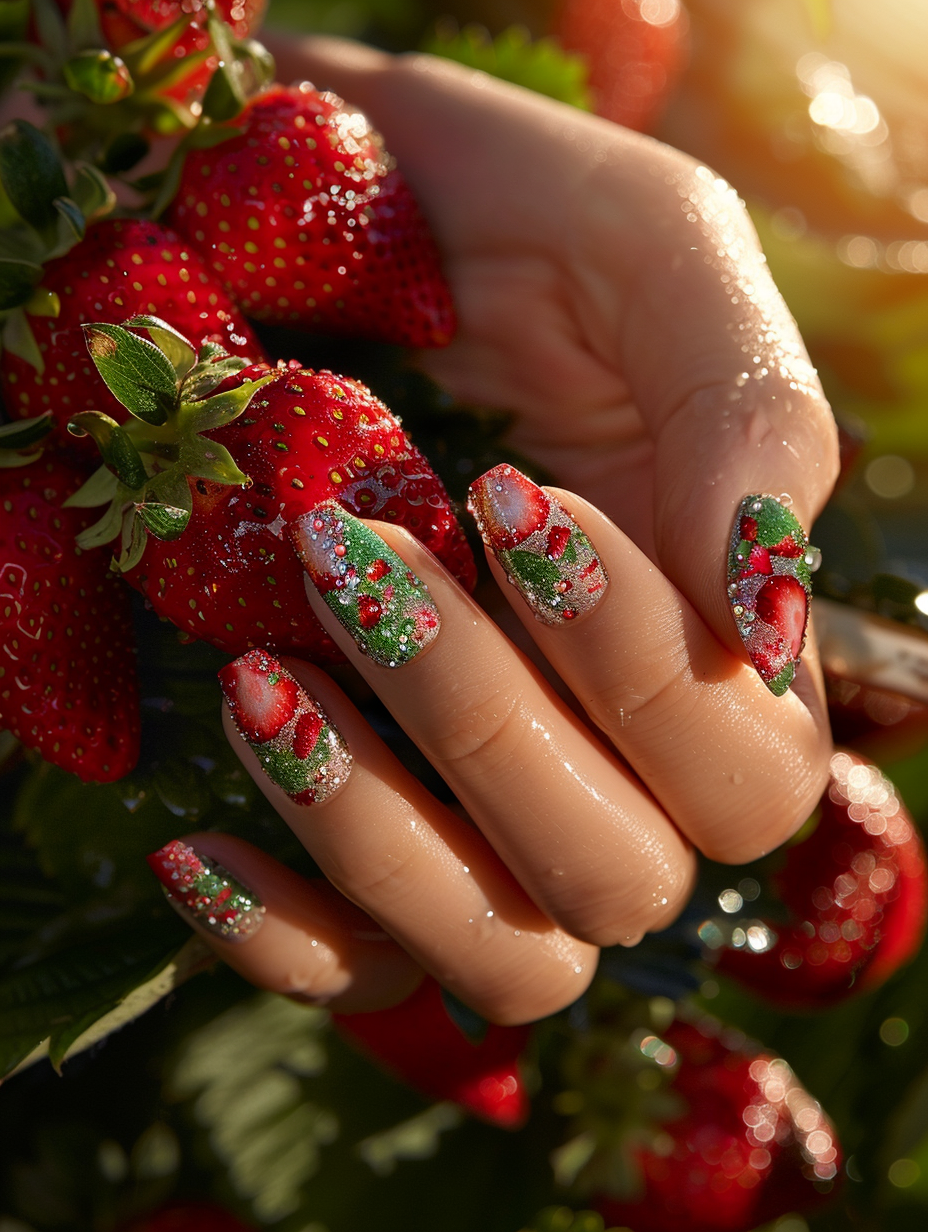 Craft a photorealistic image capturing the essence of sweet and playful strawberry-themed nails, illuminated under soft, natural daylight to highlight their vibrant red and green art. Position the hands gently cupping a sunlit, dew-kissed strawberry, ensuring the nails are in sharp focus through a Canon EOS-1D X Mark III with a 100mm f/2.8L Macro IS USM lens, utilizing a shallow depth of field to blur the background subtly and direct all attention to the intricate detail of the nail art. The composition should emulate the vivid, clear style of Annie Leibovitz's portraits, with a balance between the playful nail designs and the organic texture of the strawberry, encapsulating a high-detail, real-life moment. Texture like the strawberries' seeds and the glossy finish on the nails should stand out, achieving a depth through the careful play of light and shadow, presenting a balanced, natural, and engaging tableau.