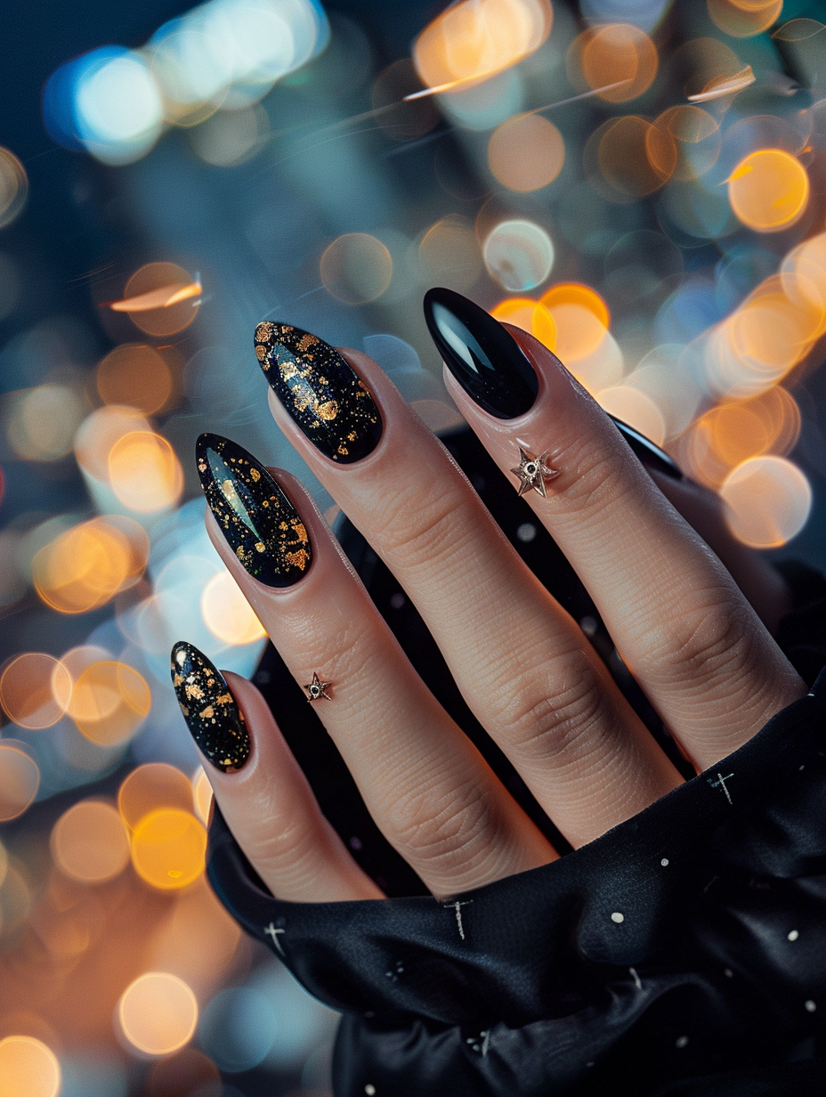 Capture a close-up, photorealistic image of a hand showcasing Urban Chic - Basic Baddie Nails, embodying the epitome of modern sophistication with a bold twist. The hand, positioned gracefully against the backdrop of a softly blurred cityscape at golden hour, exudes elegance and edge. Each nail is meticulously detailed, featuring glossy black polish accented with gold flakes and tiny, intricate geometric designs that catch the light. Utilize a Canon EOS R5 camera paired with a Canon RF 85mm F1.2L lens to achieve a shallow depth of field, ensuring the nails are in sharp focus against the bokeh of urban lights, highlighting the texture and high detail of the manicure. Employ natural light complemented by a reflector to illuminate the nails, enhancing the contrast between their shine and the detailed texture of the skin. The composition mirrors the style of high-quality 2020s visual content, reminiscent of a luxury fashion advertisement, balancing the vividness of the nails with the dreamy urban atmosphere. This setup should produce an image that carries the realism of a candid moment captured in time, with a rich palette and a nuanced play of light and shadow, evoking a sense of accessible luxury and urbanity.