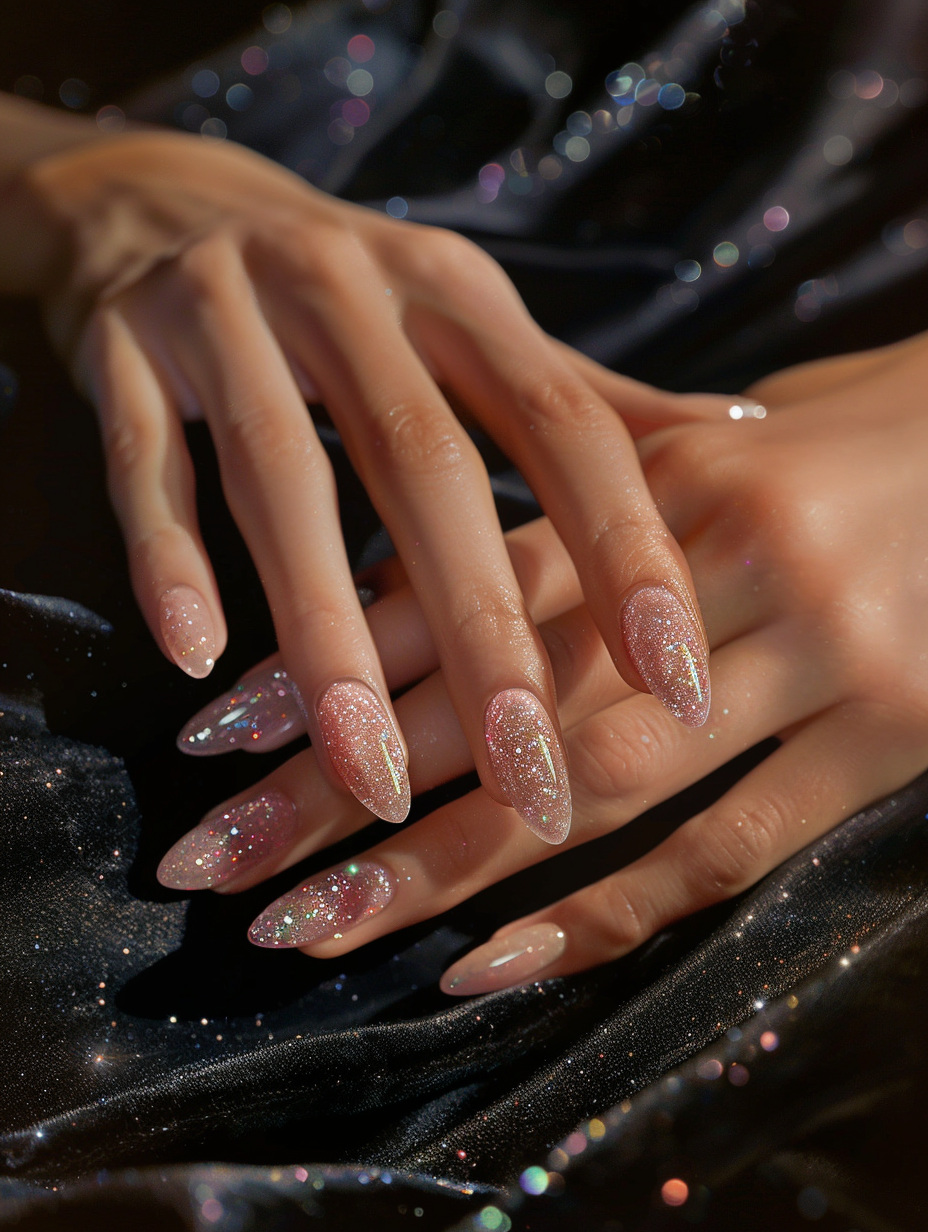 Craft a photorealistic image spotlighting Sparkling Elegance - Pink Gem Nails, embodying the essence of modern luxury and meticulous craftsmanship. The central focus is on a pair of hands, nails meticulously manicured with a soft, blush pink base and adorned with tiny, glistening gemstones that catch the light with every movement, creating a dance of sparkles reminiscent of soft sunlight filtering through fine crystal. Engage a Sony A7R IV camera coupled with a Zeiss Batis 85mm f/1.8 lens for its exceptional ability to capture minute details and produce a pleasing bokeh, emphasizing the nails against a softly blurred background. Utilize a natural light setting, enhanced by subtle global illumination to mimic the delicate interplay of light and shadow seen in late afternoon sunlight. Compositionally, position the hands gently overlapping, rested on a surface of luxurious black velvet that contrasts the nails' luminosity, inviting the viewer's gaze to wander across the image. Replicate the high detail, sharp focus, and slight film grain associated with top-tier 2020s visual content, achieving a balance that feels both spontaneously captured and painstakingly composed, echoing the refinement seen in works by renowned photographers like Peter Lindbergh.