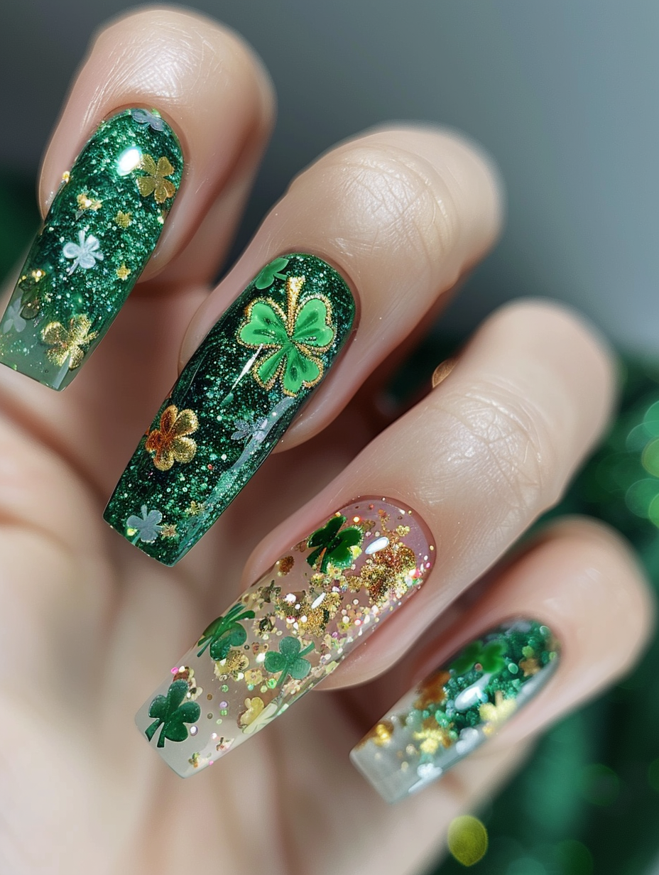 Craft a photorealistic image capturing an ultra-high detail, macro shot of St. Patrick’s themed nail art. The design features emerald green and gold glitters, intricately painted clovers, and tiny rainbow decals on a glossy, perfectly manicured set of nails. Lighting is natural, akin to early morning light, imbuing the scene with a soft, golden hue that highlights the sparkling glitter and creates subtle reflections on the glossy surface, enhancing the texture and depth of the nail art. The camera setup mirrors the precision of a Canon EOS 5D Mark IV, paired with a 100mm f/2.8L macro IS USM lens, ensuring sharp focus on the nails while softly blurring the background. The composition balances the vivid colors of the nail design against the warmth of the natural light, aiming to achieve a depth and realism similar to the portrait works of Annie Leibovitz. The mood is vibrant yet elegant, echoing the lively spirit of St. Patrick’s Day with a sophisticated twist.