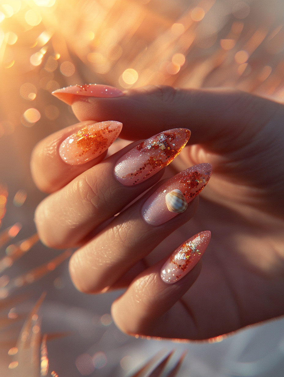 Craft a photorealistic image of a hand adorned with Summer Nail Designs, illuminated under the soft, golden hour sunlight to highlight the intricacies and vivid colors of the nail art. The main subject, a delicate hand, should rest gently against a natural background—think the textured surface of a sunlit, sandy beach or a wooden picnic table adorned with droplets of morning dew, enriching the scene with a summer vibe. The nails, flawlessly manicured, will display a gradient of sunset hues, from deep coral to soft peach, embellished with delicate, tiny seashells and a hint of glitter, mimicking the shimmer of sunlight on the ocean's surface. Capture this scene through a Canon EOS R5 camera paired with a Canon RF 85mm F1.2L lens to ensure a sharp focus on the nails while softly blurring the background, creating a dreamy bokeh effect that emphasizes the artwork. Implement advanced lighting techniques to achieve a natural glow and subtle reflections on the nails, enhancing the textures and depth of the nail designs. Emulate the warmth and clarity typical of a Peter Lindbergh portrait, achieving a balance between realism and a sense of idyllic summer elegance. The composition should invite the viewer into a moment of serene beauty, merging high detail, sharp focus, and a touch of film grain to add texture and depth, capturing not just an image, but the essence of summer itself.