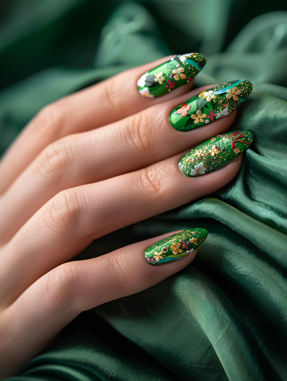 Capture a close-up, photorealistic image of a hand with Lucky and Lively St. Patrick’s themed nail design, emphasizing high detail and sharp focus to showcase the intricate patterns of shamrocks, pots of gold, and rainbows painted on each fingertip. Utilize natural light to highlight the vivid green, gold, and multi-colored glitter polish, creating a sense of depth and texture. The lighting should mimic the golden hour, enhancing the reflective qualities of the nail art and casting subtle shadows that reveal the curves and natural texture of the skin. Employ a DSLR camera equipped with a 100mm f/2.8 macro lens, setting the aperture to f/4 to achieve a shallow depth of field that blurs the background—perhaps a soft, dark green fabric that makes the hand and the nail art stand out. This composition aims to mirror the high-quality, sharp, and engaging content characteristic of 2020s visual trends, capturing the lively spirit of St. Patrick's Day with a touch of elegance and realism.