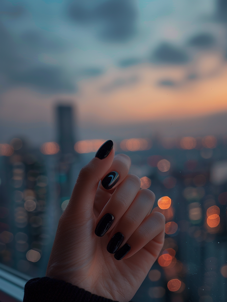 Capture a highly detailed, photorealistic image of a hand with sophisticated and bold black nails, centered and sharply in focus against a blurred urban backdrop, bathed in the golden hour's natural light that highlights the glossy finish and subtle textures of the nail paint. Emulate a Canon EOS R5’s depth of field capabilities, using a RF 85mm F1.2L USM lens at f/1.2 for that creamy bokeh effect, ensuring the nails are the stark, vibrant subject of this composition. The lighting should mimic the high-quality, dynamic range of a scene from a critically acclaimed 2020s film, emphasizing the contrast between the nails and the soft, warm tones of the surrounding cityscape at sunset. Incorporate a slight film grain to inject a touch of realism and depth, making the image feel like a candid, tangible moment frozen in time.