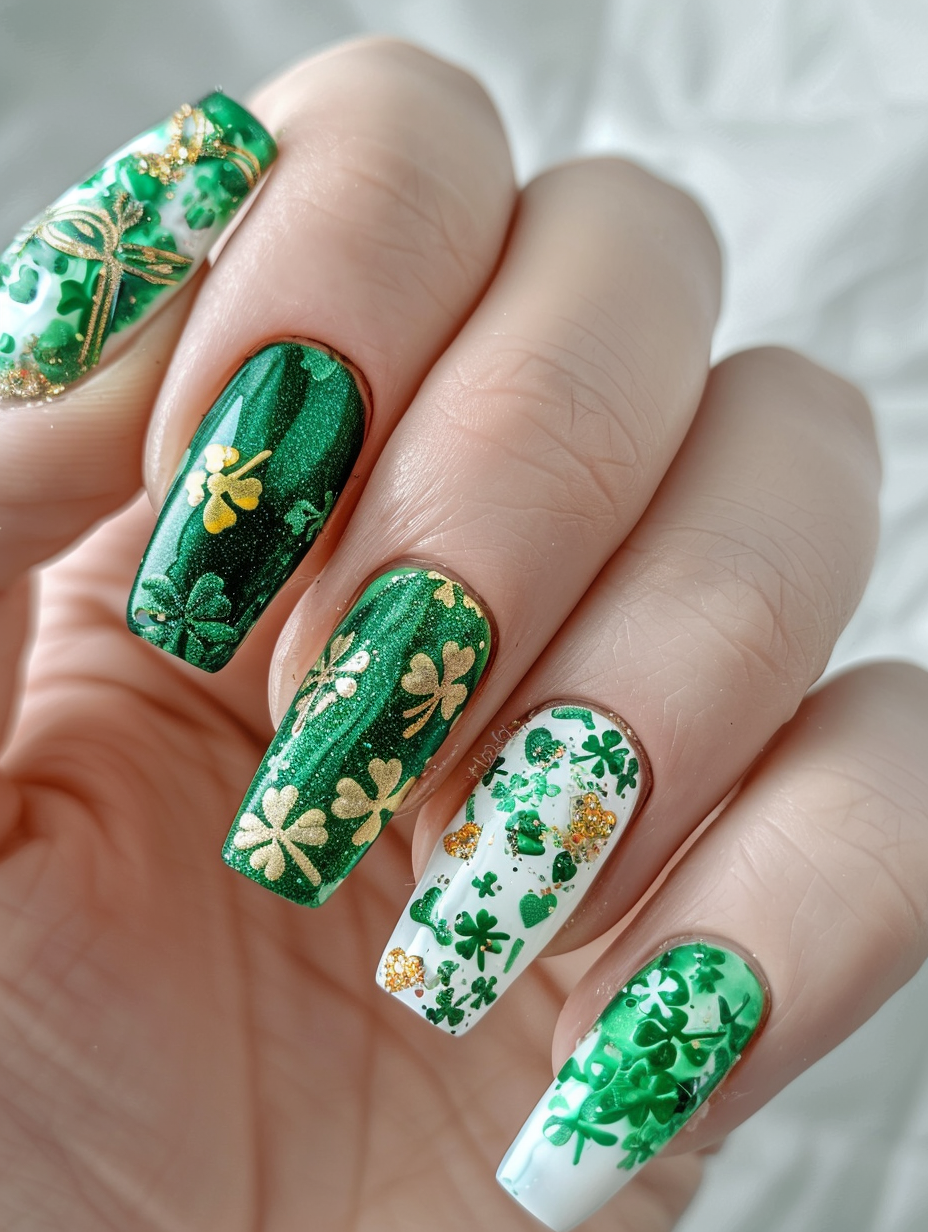 Create a photorealistic image of an intricately designed St. Patrick's Day themed nail art. The focus is on a hand with nails each showcasing a different motif - shamrocks, pots of gold, rainbows, and intricate Celtic knots, all in vibrant greens, golds, and whites. High detail and sharp focus are essential, employing a Canon EOS-1D X Mark III camera with a Canon EF 100mm f/2.8L Macro IS USM lens to capture the minute glitter particles and the glossy finish of the nail polish. The lighting is soft and diffused, mimicking a cloudy but bright early spring afternoon, ensuring the green hues pop without overpowering the delicate designs. The composition balances the vivid nails against a subtle, textured white linen backdrop, adding depth without distraction. Aim for the visual clarity and depth found in high-quality 2020s beauty photography, while incorporating a touch of film grain to enhance the photorealistic appeal.