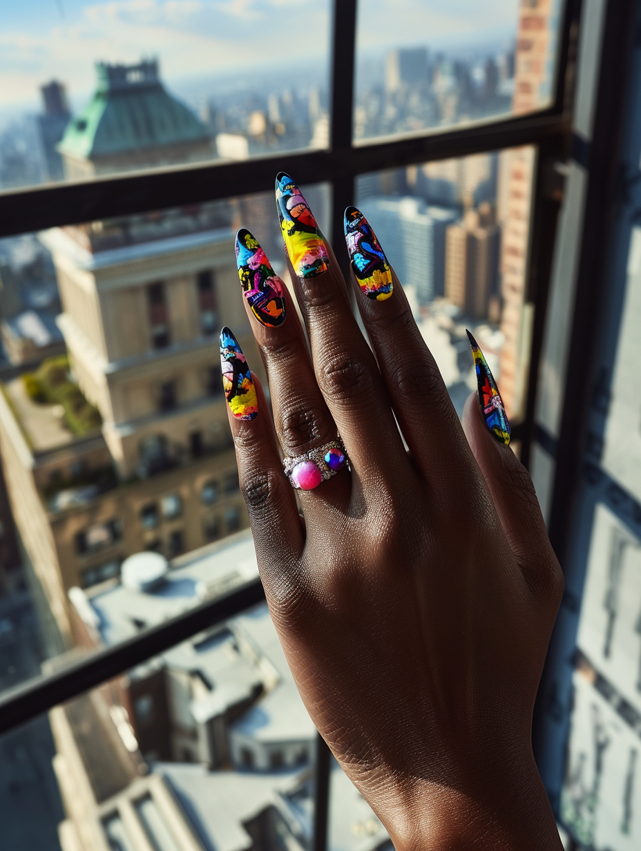 Capture a photorealistic image of a hand adorned with Urban Chic - Basic Baddie Nails, making sure to replicate a snapshot that aligns with the high-quality visual standards of the 2020s. The hand should be the central focus, framed against a backdrop of an urban loft with large, industrial windows allowing soft, natural light to flood in and create a play of shadows and highlights across the intricate nail art, emphasizing the vibrant colors and glossy finish. The nails themselves are a masterpiece of modern urban style: long, coffin-shaped, with a combination of matte black, neon graffiti art, and subtle rhinestone embellishments. The shot should employ a Canon EOS R5 camera paired with a RF 85mm F1.2L USM lens to achieve a shallow depth of field, placing the nails in sharp focus against a softly blurred background. The image composition must balance the raw textures of the loft’s exposed bricks and the soft, ethereal quality of the light, creating a contrast that accentuates the bold, yet chic nature of the nail design. Incorporate fine details like the reflection of the cityscape in the window and the natural skin texture around the nails, using global illumination to mimic real-world lighting conditions and adding a touch of film grain for texture and depth.