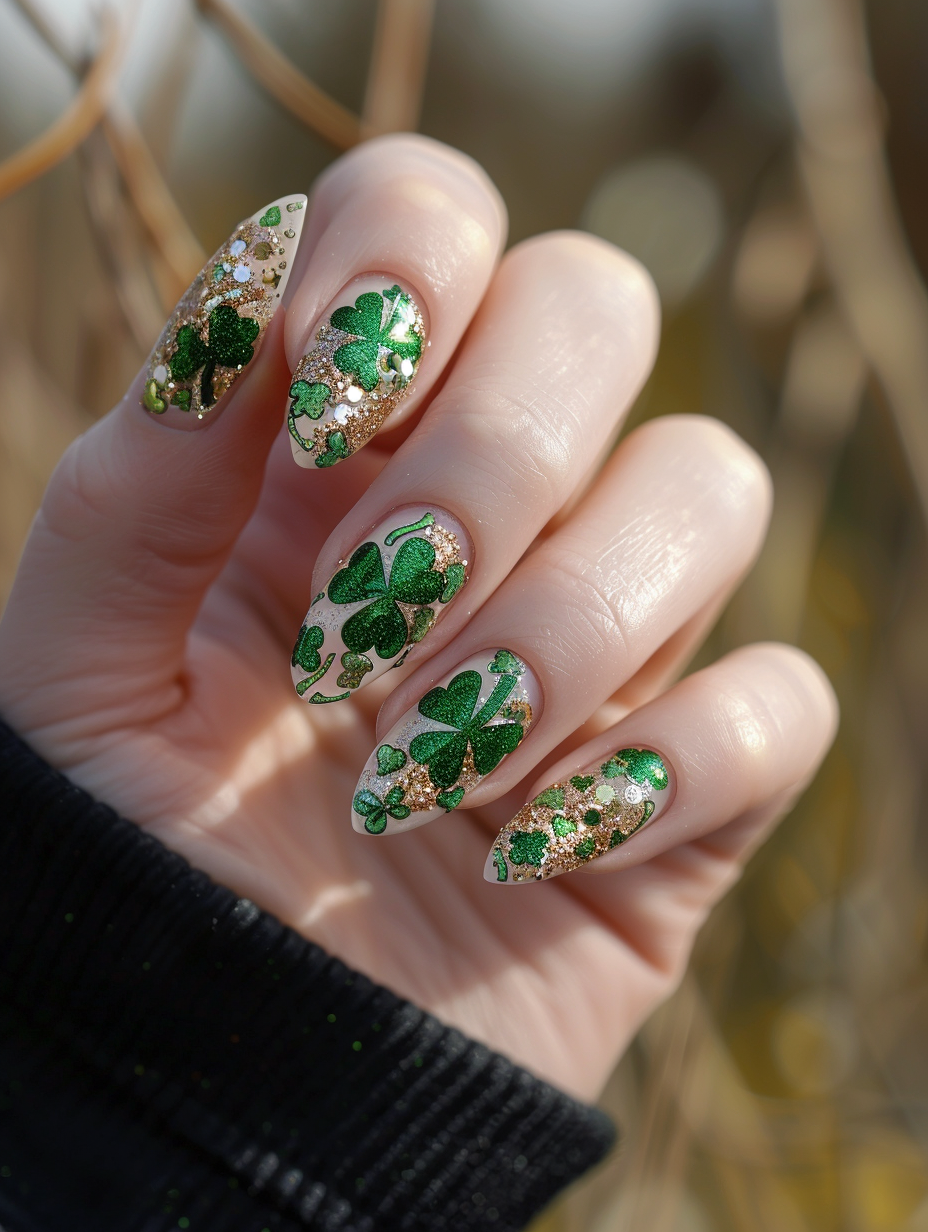 Capture a photorealistic image of a hand sporting a Lucky and Lively St. Patrick’s themed nail design, executed in high detail with vivid, true-to-life colors. The nails should glisten under a soft, natural light setting, reminiscent of a serene, early morning glow. The design intricately blends symbols of luck such as four-leaf clovers and pots of gold with lively strokes of emerald green and gold glitter. Employing a Canon EOS R5 camera coupled with an RF 50mm F1.2L USM lens for its superior sharp focus and beautiful bokeh, the image composition must showcase the nails in sharp detail against a softly blurred background, highlighting textures and the interplay of light and shadow. Aim for a balance that evokes the style of contemporary high-definition visual content, with just enough film grain to add depth without detracting from the crisp reality of the scene.