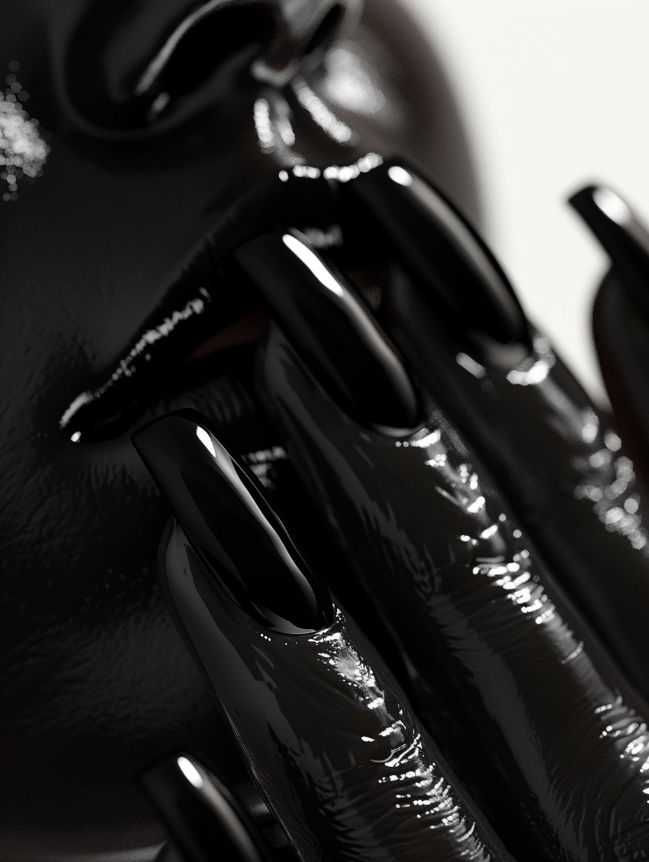 Capture a high-resolution, photorealistic image of sophisticated and bold black nails, reflecting the essence of a 2020s high-fashion editorial. The nails are coated in a glossy, jet-black polish that gleams under the soft, natural light streaming through a nearby window, highlighting the meticulous craftsmanship and sharp, clean edges of each nail. The lighting technique should mimic global illumination, offering a rich depth of field and enhancing the texture of the skin and the smooth reflective surface of the polish. The composition balances the striking black nails against the subtle warmth of the skin, with a shallow depth of field (f/2.8) achieved through a 50mm prime lens on a full-frame camera, ensuring sharp focus on the nails while gently blurring the background. This setup should emulate the iconic style of Gregory Crewdson's narrative-rich scenes, albeit on a much more intimate scale. The image should skillfully incorporate a hint of film grain to add texture and a touch of timelessness, avoiding any element that could detract from the main subject's captivating detail.