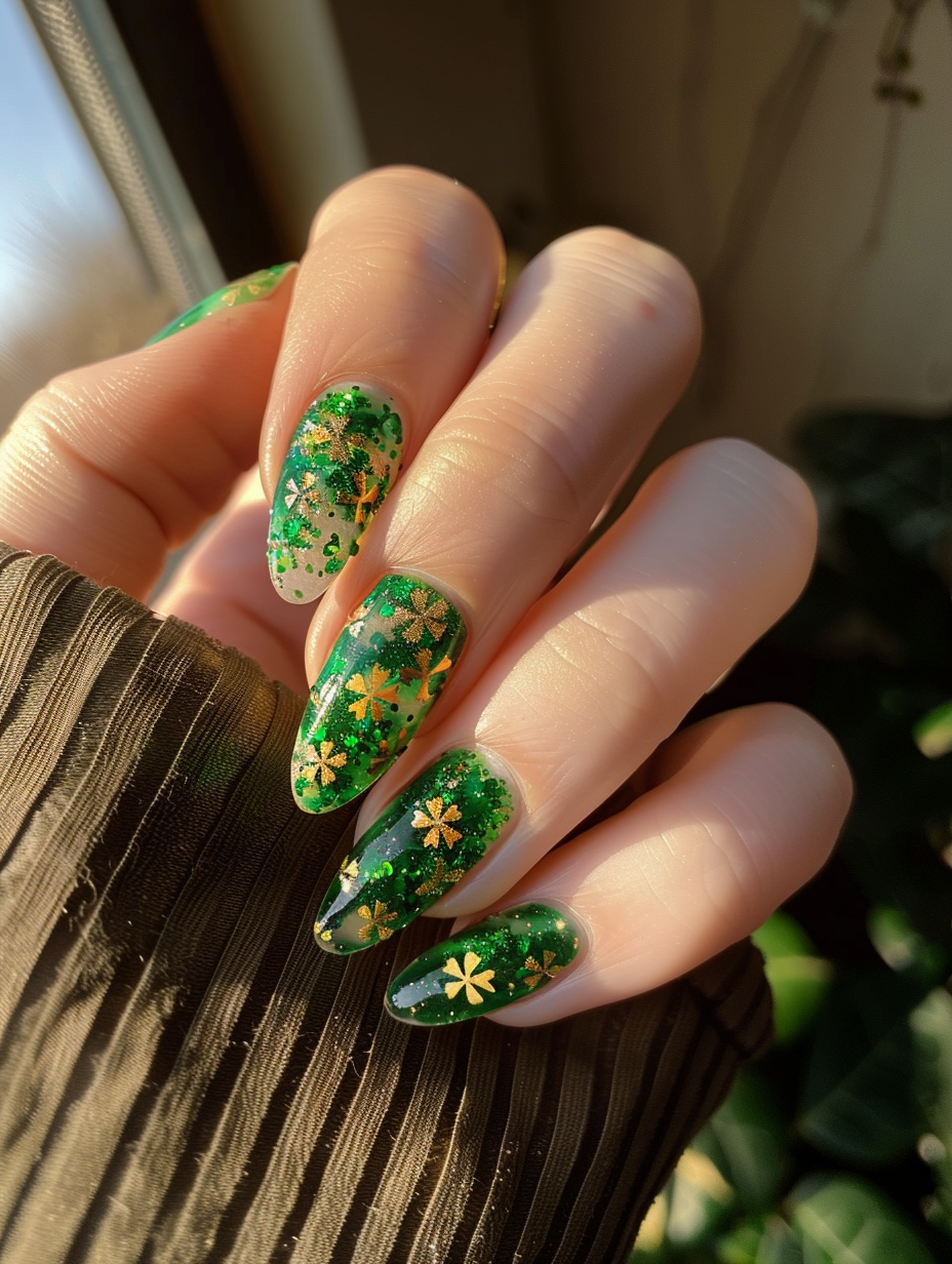 Craft a photorealistic image capturing an exquisitely detailed St Patrick’s themed nail design on a female hand, subtly lit by the soft, diffused light of a golden hour sun shining through a nearby window. The nails are meticulously painted with vibrant shades of green, gold, and tiny, intricate shamrocks, each reflecting a realistic gleam that suggests the texture of high-quality nail polish under natural light. The camera, a Canon EOS R5 equipped with a 100mm f/2.8L Macro IS USM lens, captures the scene in sharp focus, emphasizing the vivid colors and fine details of the nail art against the soft blur of the background. The composition balances the lively green of the nails with the warm, natural tones of the skin and the wooden surface on which the hand rests, creating a harmonious, lifelike image that embodies the festive spirit of St Patrick’s Day with a depth of detail and clarity characteristic of high-quality 2020s visual content, reminiscent of the style of a high-end beauty editorial.