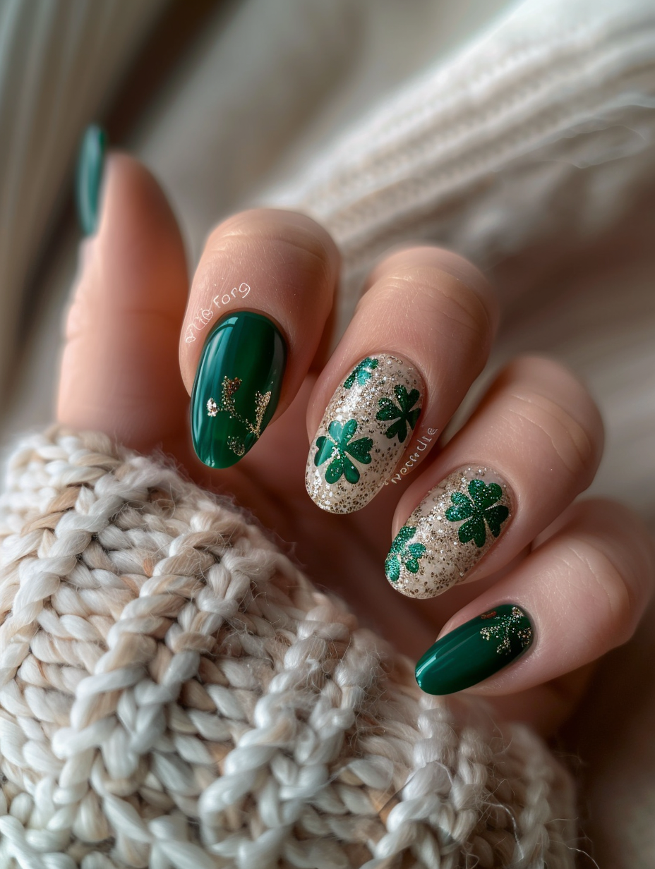 Craft an ultra-realistic, vibrant image of a hand with St. Patrick's themed nail design, showcasing a mix of emerald green, gold glitter, and delicate shamrock patterns intricately painted on the nails. The hand is elegantly positioned against a soft, natural wool fabric, emphasizing the nail art's lively detail. Mimic the golden hour's warm, diffused lighting to highlight the polish's gleaming texture and the fabric's softness, achieving a depth of field reminiscent of a Canon EOS R5's RF 50mm F1.2L lens masterpiece. The composition, inspired by Annie Leibovitz's dynamic yet intimate portrait style, focuses sharply on the nails while allowing the background to blur gently, ensuring the design's vivid colors and intricate patterns are the image's hero. The ambient lighting, high detail, and strategic focus create a captivating, photorealistic snapshot that feels like a celebration of St. Patrick's Day itself.