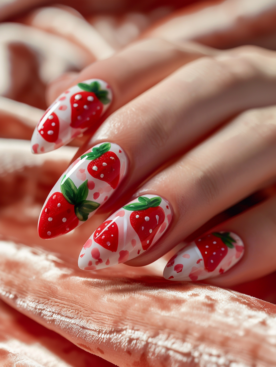 Capture a close-up, photorealistic image of Sweet and Playful Strawberry Themed Nails, modeled gently over a soft, velvet blush fabric. The detailed manicure features glossy, strawberry-red polish with fine, hand-painted green leaves and tiny white seeds, mimicking real strawberries. Natural sunlight filters through, highlighting the nails' shine and the velvet's texture, creating a warm, inviting atmosphere. Utilize a Canon EOS-1D X Mark III, with a 100mm f/2.8L Macro IS USM lens, ensuring sharp focus on the nails while softly blurring the background, adding depth. This setting emulates the high detail and rich texture akin to Annie Leibovitz's vibrant portraits. The image balances realism with whimsy, perfectly capturing the essence of the theme.