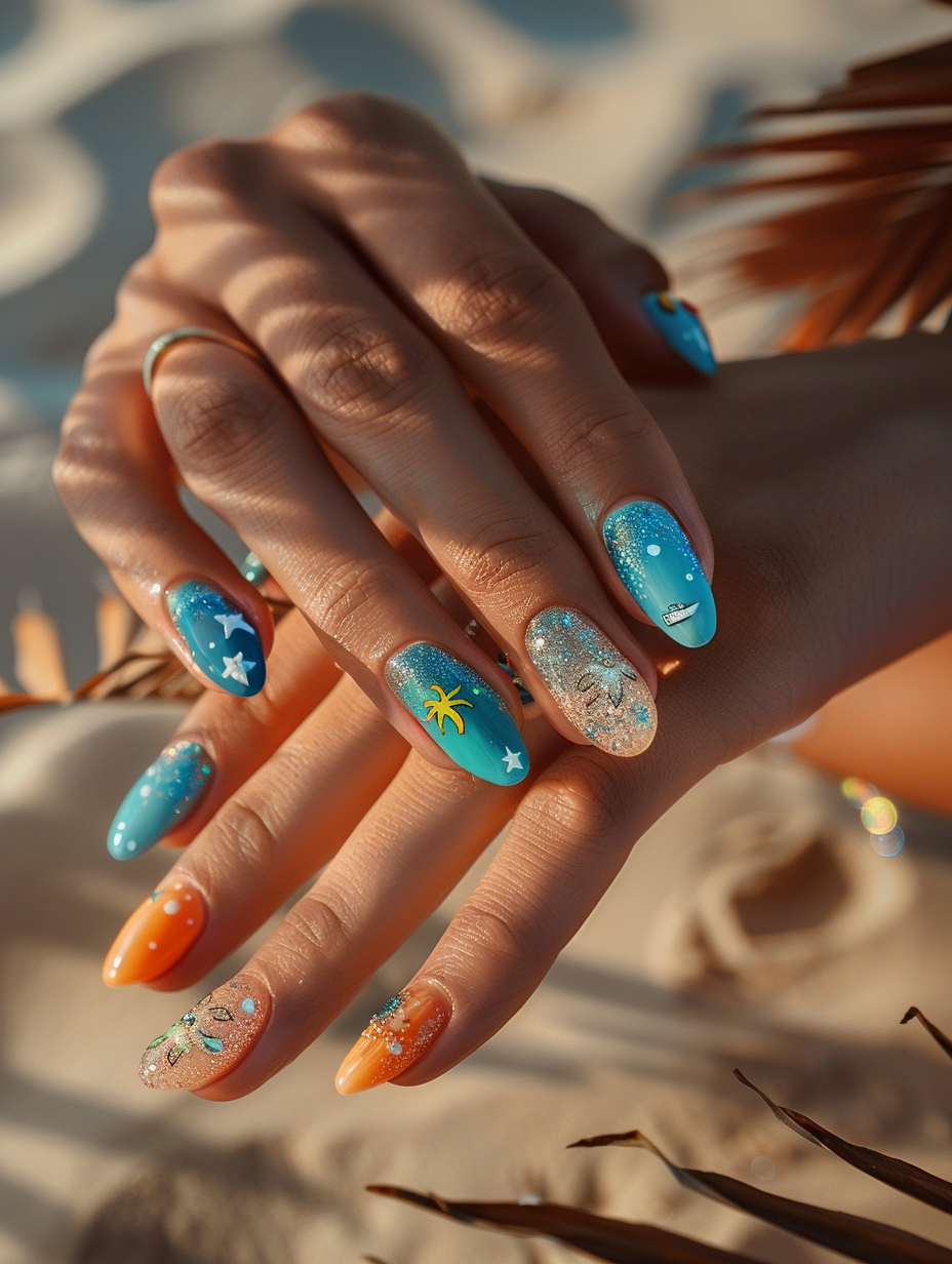 Capture a hyper-realistic image of summer nail designs on a female model’s hands, embodying the vibrant, joyful spirit of summer. The nails are intricately painted with a combination of glossy ocean blues, sparkling sandy beiges, and radiant sunset oranges, each nail featuring delicate, hand-painted beach themes such as tiny palm trees, suns, and seashells. The scene is set outdoors during golden hour, utilizing natural light to create a warm, inviting glow that highlights the complexity and glossy finish of the nail art. The camera, a Canon EOS R5 with a 100mm f/2.8L Macro IS USM lens, ensures every minute detail and texture is in sharp focus, capturing the slight shimmer of glitter in the paint and the natural ridges of the nails. The composition balances the vivid colors of the nails against the softer, blurred background of a sandy beach, with subtle reflections of sunlight dancing across the skin's surface. The overall effect is a lively yet sophisticated celebration of summer, captured with the clarity and depth reminiscent of a high-quality 2020s lifestyle magazine spread, evoking the precision and aesthetic appeal of renowned photographers like Annie Leibovitz.