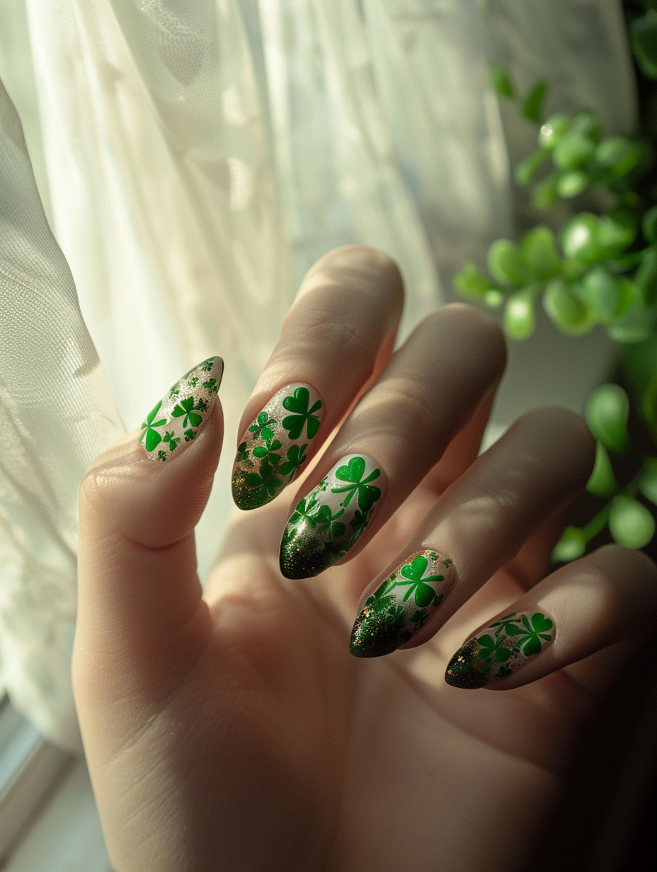 Capture a photorealistic image of a hand with Lucky and Lively St Patrick’s Themed Nail design, bathed in natural light filtering through a sheer curtain, evoking a serene morning. Each nail is a masterpiece, featuring intricate shamrock patterns, pots of gold, and rich green gradients, all under a glossy finish. The shot, taken with a DSLR camera, a 100mm macro lens at f/2.8, employs shallow depth of field to put sharp focus on the nails, while softly blurring the background. The setting is a rustic wooden table that subtly reflects the nails' vivid colors, adding to the composition's balance. The light casts gentle shadows, enhancing the texture and depth, echoing the high-quality, detailed visual content of the 2020s, reminiscent of the works of photographers like Annie Leibovitz.