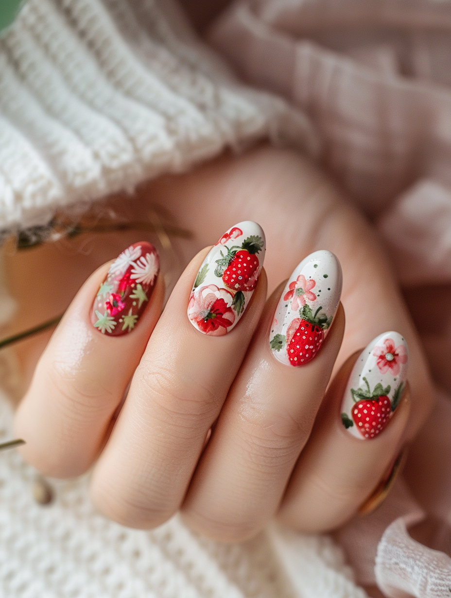 Capture an ultra-realistic image of sweet and playful strawberry-themed nails, bathed in soft, natural light to highlight their vibrant reds and greens with the subtlety of real-world lighting. Ideal lens settings mimic a Canon EF 50mm f/1.2L for exquisite bokeh and depth, focusing sharply on the nails while softly blurring the background. The nails are adorned with glossy strawberry designs, tiny white flowers, and delicate green leaves, against a backdrop of a soft pink, subtly textured cushion to complement the theme. The lighting scenario uses golden hour sunlight, filtering through a sheer curtain to create a warm, inviting glow with natural shadows and highlights, enhancing the intricate details of the nail art and the texture of the skin, cushion, and surroundings. Aim for a high-detail, photorealistic style that captures the whimsy of the subject with precision, reminiscent of the vivid, yet soft photographic style often seen in high-end beauty editorials of the 2020s.