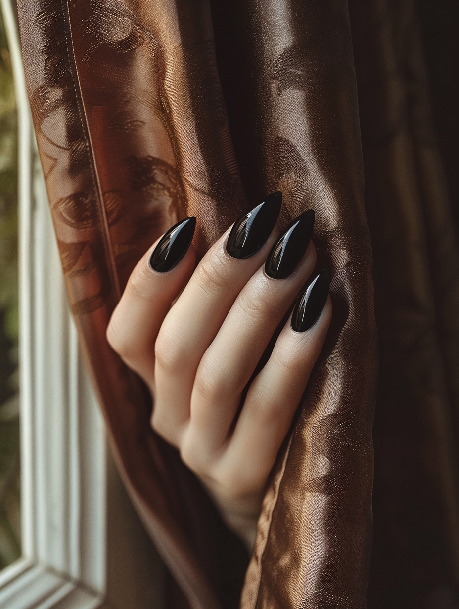 Capture a close-up, photorealistic image of sophisticated and bold black nails, illuminated under soft, global natural light streaming through a sheer curtain, evoking a Sunday morning serenity. The nails' glossy finish reflects the intricacy of the light play, with every ridge and cuticle in sharp focus, employing a Canon EOS R5 camera paired with an RF 85mm F1.2L USM lens to ensure depth and clarity. Center the hands against a backdrop of rich mahogany wood, adding warmth and texture that contrasts the cool, sleek black of the nails. Emulate the style of a high-profile Vogue photoshoot, where detail, composition, and the interplay of light and shadow are paramount. Aim for a balance between the bold nails and the soft, diffused lighting to create a captivating, realistic image.