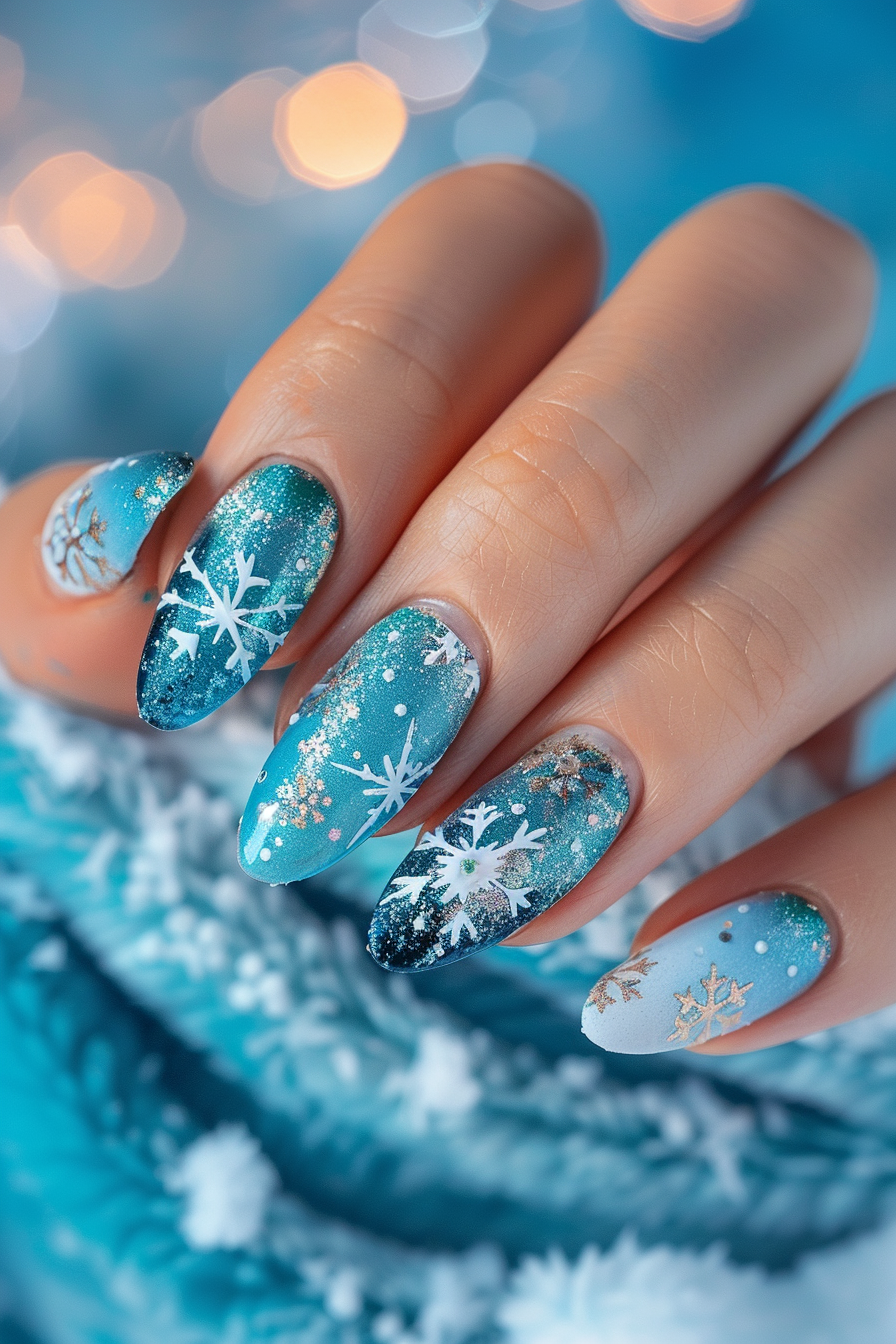 Hand with snow-themed nailart. Snowflakes on sky blue base.