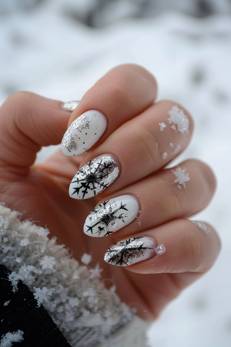 Hand with snow-themed nailart. White polish with silver glitter snowflakes.