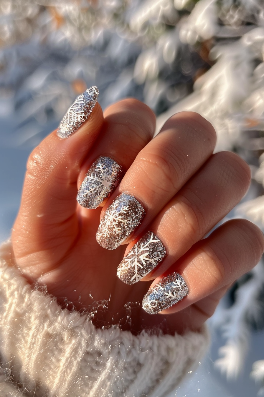 Hand with snow themed nailart. Silver glitter with white snowflake decals.