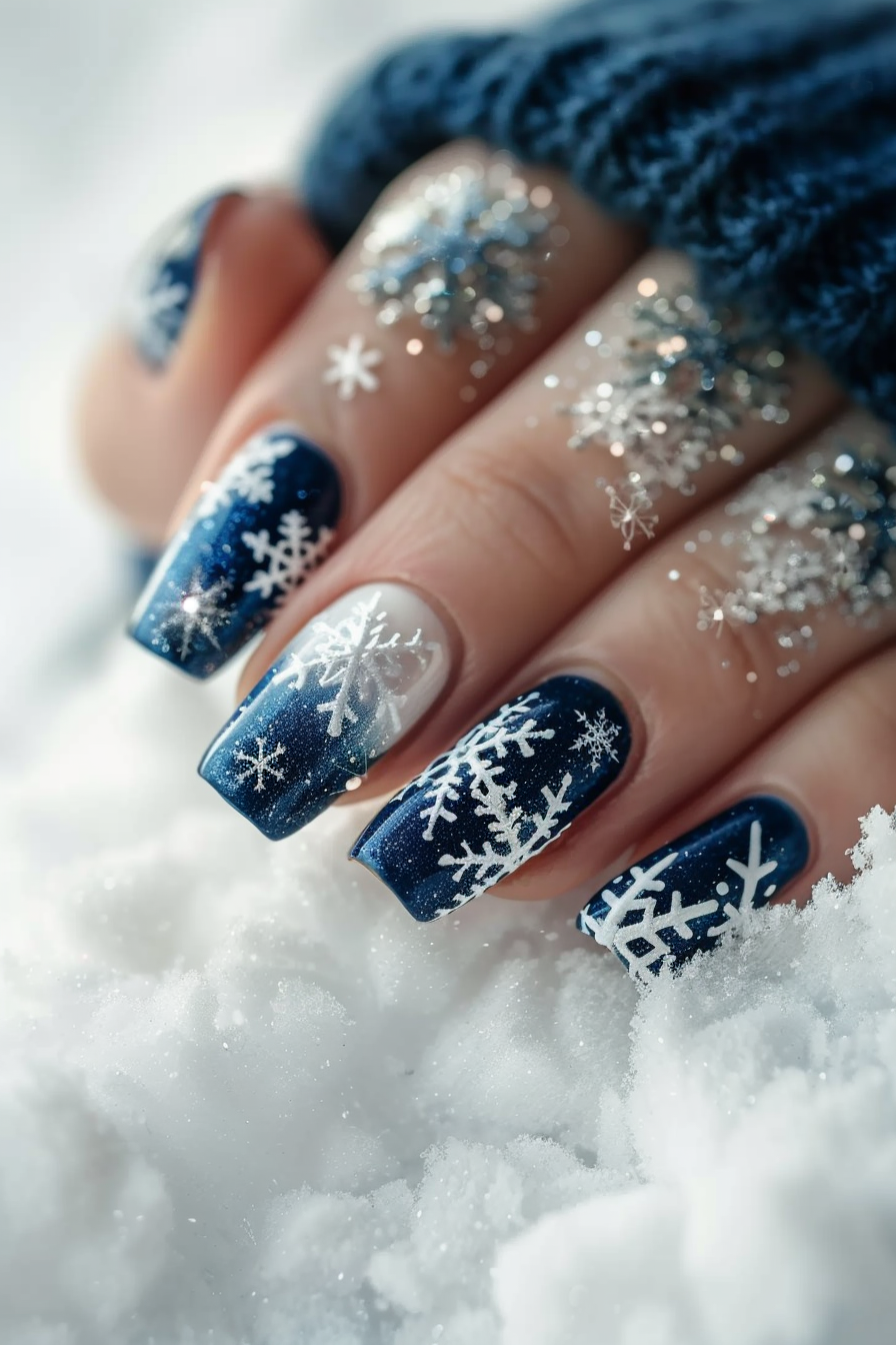 Hand with snow-themed nail art. Glittering snowflakes on frosty blue polish.