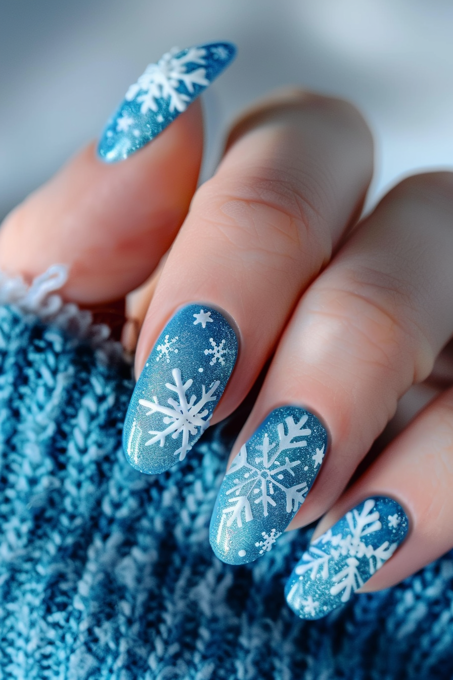 Hand with snow-themed nailart. Baby blue polish with white snowflake designs.